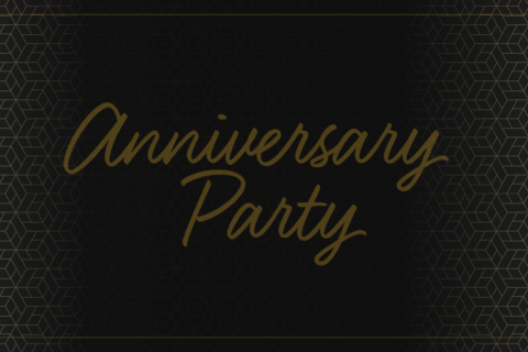 SkinLab Anniversary Party graphic with the words Anniversary Party in gold script on a black background